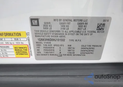 2017 Chevrolet Traverse 2Lt z USA, uszkodzony, nr VIN 1GNKVHKD8HJ181502